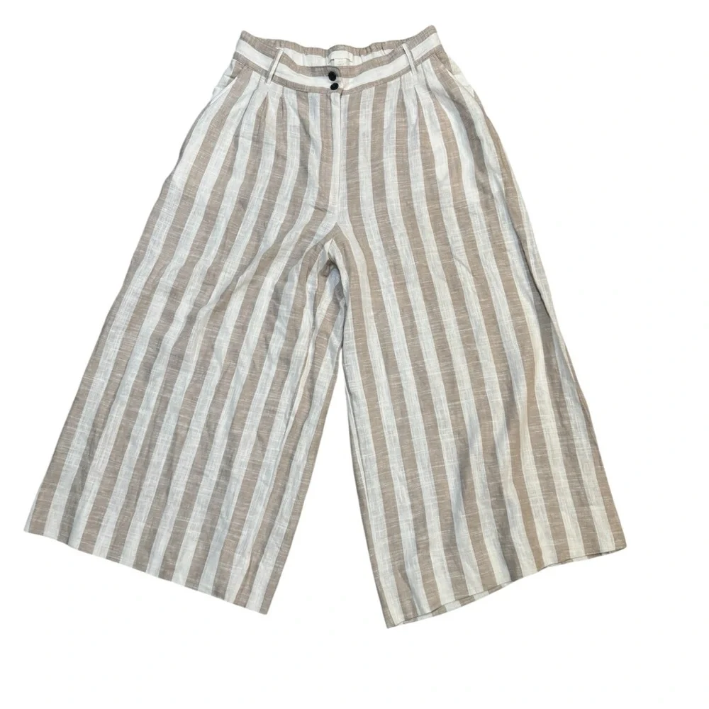 H&M Wide Leg Pants Size 12 Linen Blend NWOT Beige Stripe High Rise